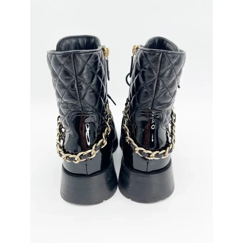 Chanel Black Quilted Patent Cap Toe Leather CC Chain Ankle Combat Boots EU 39.5